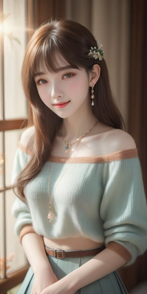 Beautiful, soft light, (beautiful and delicate eyes), very detailed, pale skin, big smile, (long hair), dreamy, medium chest, female 1, ((front shot)), bangs, soft expression, height 170, elegant , Bright smile, 8k art photo, photorealistic concept art, realistic, person, small necklace, off shoulder, small earrings, fantasy, jewelry, shyness, dreamy soft image, masterpiece, ultra high resolution, skirt, shirt, sweater, color , (both eyes (He gently closes his eyes, raises his head slightly, and appears absorbed in pleasant thoughts),dragon