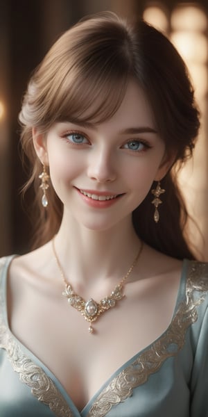 Beautiful, soft light, (beautiful and delicate eyes), very detailed, pale skin, big smile, (long hair), dreamy, medium chest, female 1, ((front shot)), bangs, soft expression, height 170, elegant , Bright smile, 8k art photo, photorealistic concept art, realistic, person, small necklace, small earrings, fantasy, jewelry, shyness, dreamy soft image, masterpiece, ultra high resolution, skirt, shirt, jacket, color , (both eyes (He gently closes his eyes, raises his head slightly, and appears absorbed in pleasant thoughts),dragon