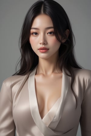 A high-fashion magazine cover featuring a close-up, upper-body shot of a beautiful Japanese female model with an enhanced bust size, confidently posing with elegance. Her sharp yet graceful facial features are highlighted, and she wears a stylish, modern outfit that accentuates her figure while maintaining a sophisticated and polished look. The background is a neutral gray with professional, magazine-quality lighting that enhances her photorealistic skin texture. 