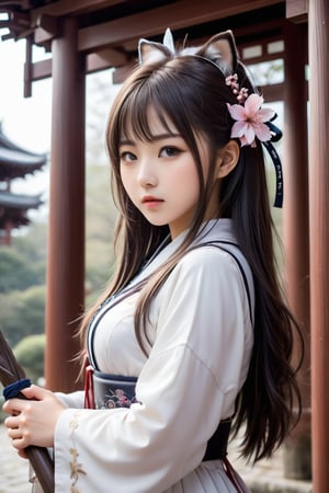 The 18-year-old girl standing in the center of the solemn shrine, the cute 18-year-old Japanese idol holding the M5cy7h3XL sickle, Sakura, photo_b00ster, Don, cute and beautiful face, detailed face, perfect face, perfect model figure, (((huge Complex, multi-layered, beautiful)))++, cute and weak The cold and rough (((stick))) forms a strong contrast)