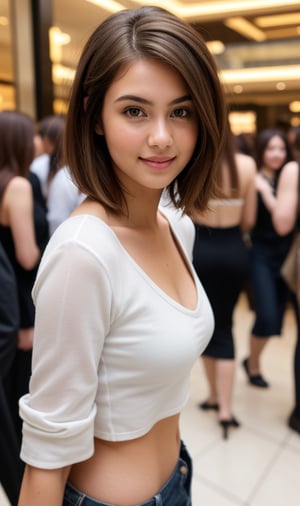 Elegant sorority sister flaunts her confident charm, partially covered in shadow, amidst the dimly lit bustle of a crowded luxury mall. Shallow depth of field and Chiaroscuro Lighting Style emphasize her stunning features, while lens flare (0.4) and cinematic bokeh (1.3) add a touch of drama to the scene. She poses shamelessly, her blond tips framing her bleach-brown bob hair as she lets loose with friends.