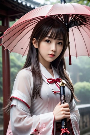 The 18-year-old girl standing in the center of the solemn shrine, the cute 18-year-old Japanese idol holding the M5cy7h3XL sickle, Sakura, photo_b00ster, Don, cute and beautiful face, detailed face, perfect face, perfect model figure, (((huge Complex, multi-layered, beautiful)))++, cute and weak The cold and rough (((umbrella))) forms a strong contrast)