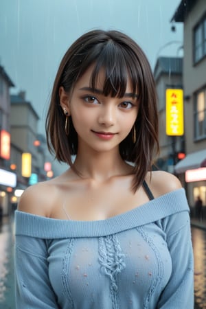 masterpiece_best_quality_8k, (looking at the viewer: 1.1), beautiful_hot_seductive_woman_woman_with_tanned_skin_small_breasts_shoulder_hair_earring(eye contact: 1.1), beautiful_face, (detailed face: 1.2), (animated: 1.2), hyper_detailed_best_quality,_ultra_high_resolution_brown_hair_bangs, cozy_house_interior_photorealistic_high_resolution_detailed_raw photo, 1girl_blue_sweater_night_city_lights_rain_solo, upper_body,off_shoulder_open_breasts,