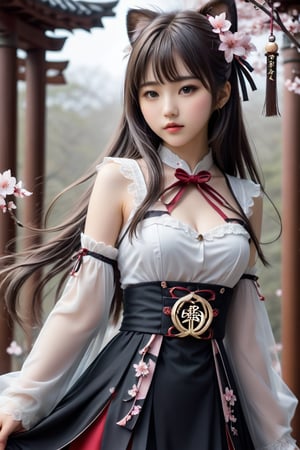 The 18-year-old girl standing in the center of the solemn shrine, the cute 18-year-old Japanese idol holding the M5cy7h3XL sickle, Sakura, photo_b00ster, Don, cute and beautiful face, detailed face, perfect face, perfect model figure, (((huge Complex, multi-layered, beautiful)))++, cute and weak The cold and rough (((stick))) forms a strong contrast)