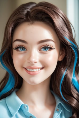 Young woman with dark brown hair, blue silver eyes, pale skin, beautiful face, very full glossy lips, dewy skin, layered hair, thin light eyebrows, button nose, full cheeks, very long eyelashes, almond eyes, perfect teeth , casual clothes, thin high set eyebrows, straight eyebrows, big smile