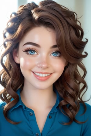 Young woman with dark brown hair, blue silver eyes, pale skin, beautiful face, very full glossy lips, dewy skin, layered hair, thin light eyebrows, button nose, full cheeks, very long eyelashes,  voluminous messy hair, almond eyes, perfect teeth , casual clothes, thin high set eyebrows, straight eyebrows, big smile