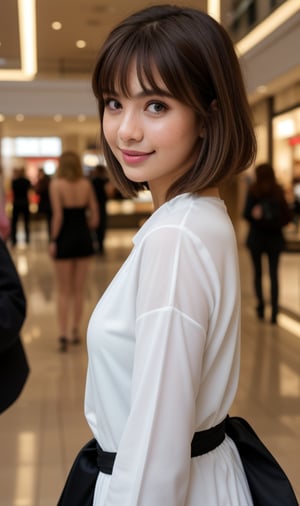 Elegant sorority sister flaunts her confident charm, partially covered in shadow, amidst the dimly lit bustle of a crowded luxury mall. Shallow depth of field and Chiaroscuro Lighting Style emphasize her stunning features, while lens flare (0.4) and cinematic bokeh (1.3) add a touch of drama to the scene. She poses shamelessly, her blond tips framing her bleach-brown bob hair as she lets loose with friends.