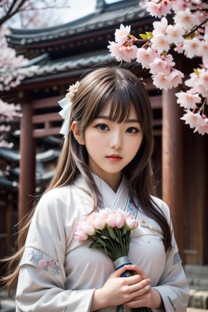 The 18-year-old girl standing in the center of the solemn shrine, the cute 18-year-old Japanese idol holding flowers, Sakura, photo_b00ster, simsuit, Don, cute and beautiful face, detailed face, perfect face, perfect model figure, (((huge Complex, multi-layered, beautiful)))++, cute and weak The cold and rough (((stick))) forms a strong contrast)