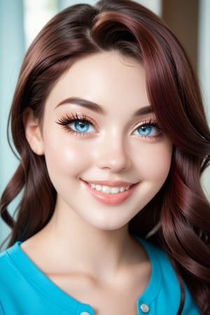 Young woman with dark brown hair, blue silver eyes, pale skin, beautiful face, very full glossy lips, dewy skin, layered hair, thin light eyebrows, button nose, full cheeks, very long eyelashes, almond eyes, perfect teeth , casual clothes, thin high set eyebrows, straight eyebrows, big smile