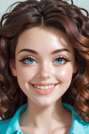 Young woman with dark brown hair, blue silver eyes, pale skin, beautiful face, very full glossy lips, dewy skin, layered hair, thin light eyebrows, button nose, full cheeks, very long eyelashes,  voluminous messy hair, almond eyes, perfect teeth , casual clothes, thin high set eyebrows, straight eyebrows, big smile