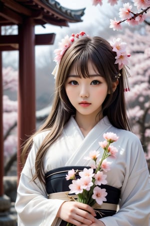 The 18-year-old girl standing in the center of the solemn shrine, the cute 18-year-old Japanese idol holding flowers, Sakura, photo_b00ster, Don, cute and beautiful face, detailed face, perfect face, perfect model figure, (((huge Complex, multi-layered, beautiful)))++, cute and weak The cold and rough (((stick))) forms a strong contrast)