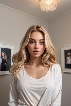 a beautiful female model, a beautiful young woman with long, wavy blonde hair, wearing a white long-sleeved shirt. She is positioned in front of a white wall, adorned with photographs. The ceiling is adorned with a light fixture, adding a pop of color to the scene.