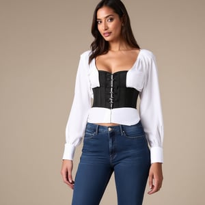 A beautiful woman stands confidently in a neutral background, wearing fitted blue jeans paired with a black corset that accentuates her waist. She dons a slightly oversized white long-sleeved shirt with rolled-up sleeves, exuding elegance and modern style. The composition highlights her fashion-forward outfit, with the contrast between the structured corset and casual shirt creating a chic and balanced look. Soft, natural lighting enhances her confident pose, drawing attention to her stylish ensemble.