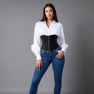 A beautiful woman stands confidently in a neutral background, wearing fitted blue jeans paired with a black corset that accentuates her waist. She dons a slightly oversized white long-sleeved shirt with rolled-up sleeves, exuding elegance and modern style. The composition highlights her fashion-forward outfit, with the contrast between the structured corset and casual shirt creating a chic and balanced look. Soft, natural lighting enhances her confident pose, drawing attention to her stylish ensemble.