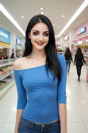 (RAW, Masterpiece, Best Quality, Photorealistic, HD, 8K), 1girl, 20 years old, body slim, black hair, long hair,(masterpiece, best quality, ultra-detailed, 8K),high detail, realisitc detailed, a beautiful young mature arabic women slight fat curvy body with long flowy black hair over shoulders in the dark, wearing blue T-shirt outfit short jeans off shoulder walking in the shopping mall,action scene, blue eyes, pale soft skin, kind smile, glossy lips, a serene and contemplative mood, setting on the top of the mountain, ,red lips,hd makeup,Indian,(blue eyes)(temptaation shy manner),Russian skin,taaarannn,Pale White look at viewer