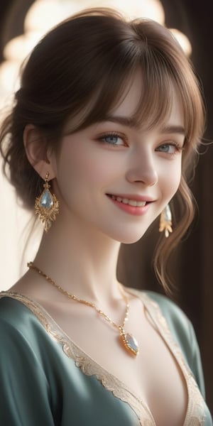 Beautiful, soft light, (beautiful and delicate eyes), very detailed, pale skin, big smile, (long hair), dreamy, medium chest, female 1, ((front shot)), bangs, soft expression, height 170, elegant , Bright smile, 8k art photo, photorealistic concept art, realistic, person, small necklace, small earrings, fantasy, jewelry, shyness, dreamy soft image, masterpiece, ultra high resolution, skirt, shirt, jacket, color , (both eyes (He gently closes his eyes, raises his head slightly, and appears absorbed in pleasant thoughts),dragon