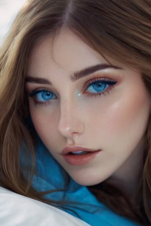 (Best quality, 8k, 32k, raw photo, photorealistic, UHD:1.2), (upper body portrait:1.2), stunning beauty, (smooth hair), beautiful double eyelids, highly detailed glossy blue eyes, detailed facial, (8k, RAW photo, best quality, masterpiece:1.2), a woman with long hair and fit sexy body figure laying in bed, in the style of yigal ozeri, anamorphic lens flare, bella kotak, video, close up, jagged edges, light beige and blue