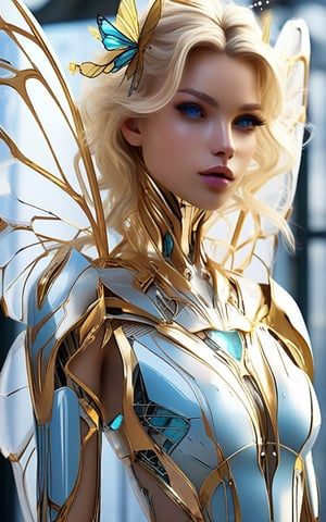 (best quality, 8K, highres, masterpiece), ultra-detailed portrait of a stunning cyborg woman with blonde hair and sharp blue eyes, adorned with gold butterfly filigree accents. Translucent fairy wings extend from her back, surrounded by a shattered glass motif, blending beauty with technology.