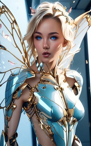 (best quality, 8K, highres, masterpiece), ultra-detailed portrait of a stunning cyborg woman with blonde hair and sharp blue eyes, adorned with gold butterfly filigree accents. Translucent fairy wings extend from her back, surrounded by a shattered glass motif, blending beauty with technology.