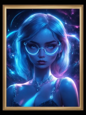 A cyberpunk beauty, donning clear neon glasses, gazes out from a golden ratio-framed composition. Her intricate, decadent features shine with smooth, sharp focus in 32K UHD detail, as if plucked from an Artgerm or Loish illustration. Ever After High-inspired fantasy elements swirl behind her, bathed in beautiful lighting and shading, with subtle light leaks and subsurface scattering. Rim light accentuates her striking features, set against a deep, vibrant background of complementary colors.