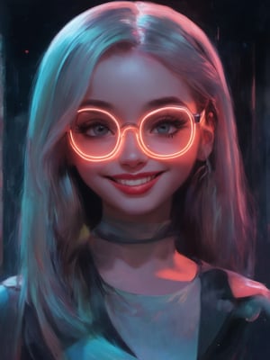 A captivating cyberpunk girl with clear neon glasses, situated within a harmonious golden ratio composition. The 32K UHD digital painting exudes intricate details, decadent textures, and a sense of fantasy. Inspired by Ever After High, the artwork blends Octane Render's smooth, sharp focus with ArtStation's concept art style. The subject's charming, heartwarming smile is illuminated by rim light, subsurface scattering, and subtle light leaks, set against a deep, vibrant background featuring beautiful shading and complementary colors.