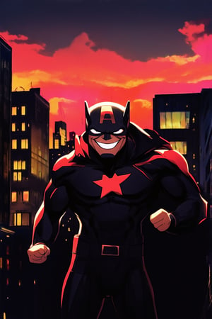 A vibrant, bold close-up shot of a Marvel superhero's bright smile, set against a dark cityscape at dusk. The hero's eyes sparkle with confidence as they stand tall, fists clenched and cape flowing in the wind. Neon lights reflect off their suit, casting a colorful glow on the surrounding buildings.