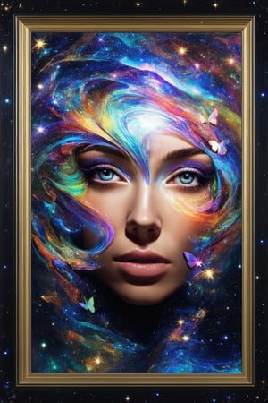 A vibrant 3D rendered portrait of a person's face with a kaleidoscope of colors swirling around their features, like a mesmerizing aurora. The subject's eyes sparkle with iridescent hues, and their skin glows with a soft luminescence, as if infused with the essence of rainbow-colored butterflies. Framed by a whimsical border of twinkling stars, this fantastical visage seems to pulse with an inner radiance, beckoning the viewer to step into its kaleidoscopic realm.