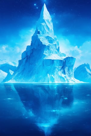 A majestic iceberg floats majestically amidst a backdrop of shimmering blue waters, its crystalline façade glistening with an ethereal glow. The framing showcases the iceberg's towering presence, set against a gradient of cerulean hues. Soft, diffused lighting casts an otherworldly ambiance, as if moonbeams danced across the frozen surface. In the foreground, a delicate sprinkling of starlight and misty wisps adds to the mystical aura, while in the distance, a fantasy realm's mystical mountains rise like sentinels, guarding ancient secrets beneath their icy peaks.