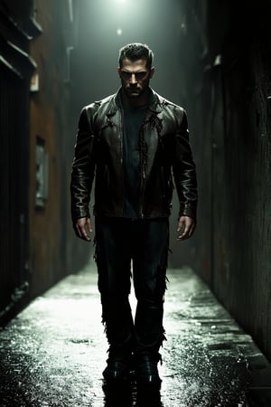 A brooding dark hero stands defiantly in a dimly lit alleyway, his piercing gaze casting a shadow on the wet pavement. His worn leather jacket is torn and frayed, reflecting the turmoil within. A single spotlight highlights his chiseled features, emphasizing the intensity of his unyielding stare.