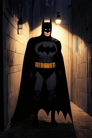 A dark alleyway, lit by a single flickering streetlamp, sets the stage for the iconic DC Comics hero. The Batman's figure is silhouetted against the wall, his cowl and cape a deep, brooding shadow. His eyes gleam like lanterns in the night as he surveys the Gotham City streets.