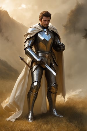 A majestic knight stands heroically, illuminated by a warm golden light, against a backdrop of misty mountains and ancient forest. He wears shining armor, his sword at the ready, with a regal cloak flowing behind him. The framing captures the grandeur of his pose, with a subtle mist swirling around his feet.