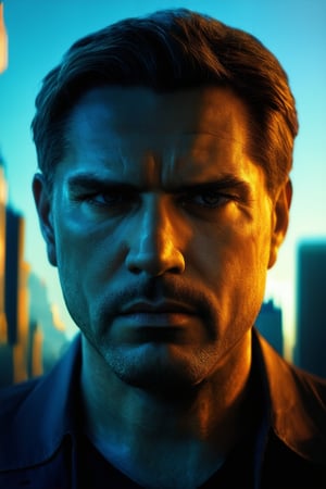 Jero US: A cinematic close-up of Jero's determined face, lit by a warm golden light, with a subtle gradient of blue tones in the shadows. Framed by a blurred background of cityscapes, his intense gaze is focused on a distant target, conveying a sense of resolve and strength.