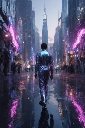 A futuristic cityscape at dusk. A holo-advertisement floats above the towering skyscrapers, its vibrant colors reflected in the wet pavement. Neon lights illuminate the streets as a lone figure, dressed in a sleek jumpsuit, walks towards the camera with purposeful strides. The background is a mesmerizing blend of ancient architecture and modern metropolis, with wispy holographic projections dancing across the landscape.