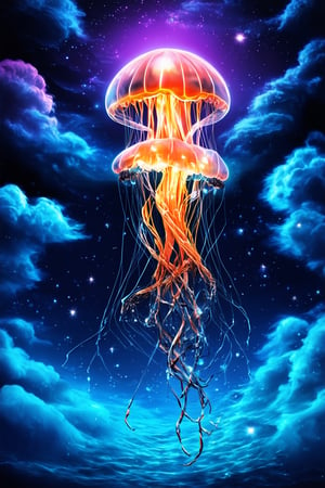 A vibrant, surreal dreamscape unfolds as a whimsical, glowing jellyfish drifts through a sea of wispy, swirling clouds, with soft, ethereal lighting and a subtle gradient of blues to purples in the background. The jellyfish's translucent body glows with an otherworldly luminescence, set against a dark, mysterious sky with stars twinkling like diamonds.