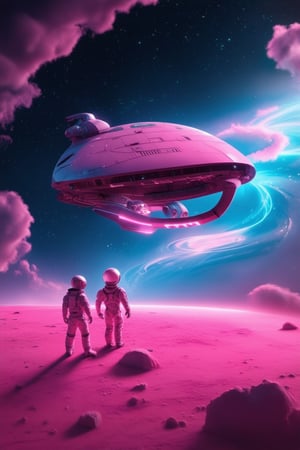 In a futuristic 3D pink space, a sleek spaceship descends onto a neon-lit planet's surface, surrounded by swirling vortex clouds. The ship's hull glows with a soft pink light, reflecting off the terrain's iridescent minerals. A lone astronaut stands at the cockpit, gazing out at the alien landscape in a moment of introspection.