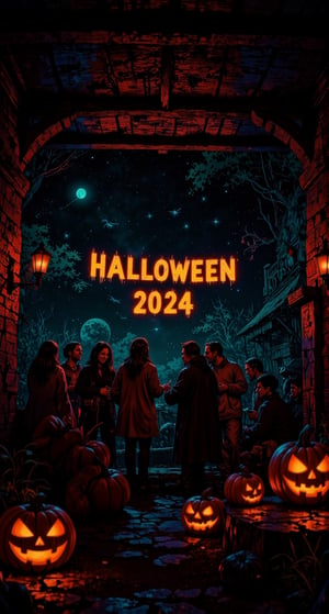 A spooky Halloween party unfolds before us. The camera captures a dimly lit interior, adorned with intricate cobweb patterns and an assortment of jack-o'-lanterns, their glowing eyes casting an eerie ambiance. In the foreground, a crowd of revelers donning creative costumes mingle and laugh, as the words Halloween 2024 emblazoned on the wall serve as a nostalgic reminder of this bewitching evening.