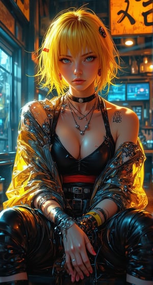 (by Carne Griffiths, Conrad Roset), Naruto Uzumaki, cyborg, android, mechanical, mechanical parts, mechanical joints, solo, sitting in a cyberpunk club, looking at viewer, short hair, bangs, , jewelry, , yellow hair, japanese seethrow clothing, , necklace, seethrow kimono, android for fun, black necklace, cyberpunk, smoke, plastic kimono, dark manga, dark anime, anime, transparent kimono, schpicy style, cyberpunk style