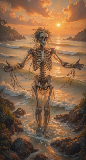 A skeletal figure emerges from a misty ocean shore, reminiscent of Sandro Botticelli's 'The Birth of Venus'. The bony framework is adorned with seaweed and shells, as the sun rises behind, casting a warm golden light. The skeleton's arms outstretched, palms upwards, as if embracing the dawn. Waves gently lap at their feet, creating a soothing melody.