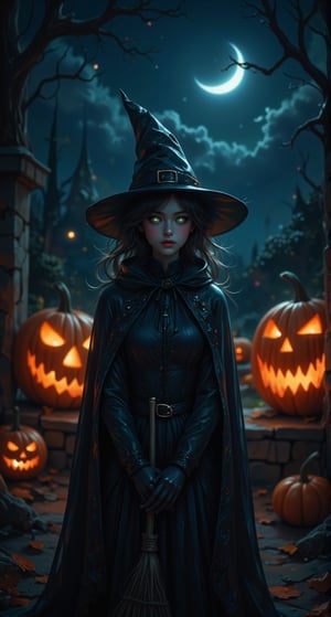 A spooky Halloween night setting with a crescent moon hanging low in the dark blue sky. A witch stands in front of a giant pumpkin patch, donning a black cape and pointy hat, her broom leaning against a stone wall. The witch's face is pale and mysterious, with piercing green eyes gleaming in the flickering jack-o-lantern light.