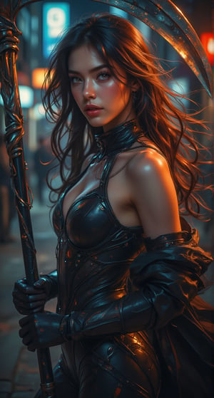 Close-up shot of a stunning woman dressed in a sleek, high-tech jumpsuit, with metallic accents and flowing cape-like details. Her long hair flows freely as she holds a gleaming scythe at an angle, its curved blade reflecting the bright city lights behind her. The composition is dynamic, with bold lines framing her profile. Soft, warm lighting illuminates her features, emphasizing her confident pose.