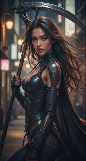 Close-up shot of a stunning woman dressed in a sleek, high-tech jumpsuit, with metallic accents and flowing cape-like details. Her long hair flows freely as she holds a gleaming scythe at an angle, its curved blade reflecting the bright city lights behind her. The composition is dynamic, with bold lines framing her profile. Soft, warm lighting illuminates her features, emphasizing her confident pose.