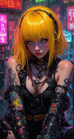 (by Carne Griffiths, Conrad Roset), Naruto Uzumaki, cyborg, android, mechanical, mechanical parts, mechanical joints, solo, sitting in a cyberpunk club, looking at viewer, short hair, bangs, , jewelry, , yellow hair, japanese seethrow clothing, , necklace, seethrow kimono, android for fun, black necklace, cyberpunk, smoke, plastic kimono, dark manga, dark anime, anime, transparent kimono, schpicy style, cyberpunk style