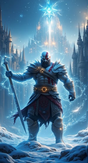 Depict Kratos, the god of war, standing victorious amidst a winter wonderland in Valhalla. He holds his iconic Blades of Chaos aloft, their chains glistening with frost as they reflect the soft blue light of the snowy landscape. In the background, gleaming golden armor and the mighty halls of Asgard's great halls rise up like a beacon of triumph. The snowfall swirls around him, casting an ethereal glow on his battle-hardened features.,more detail XL,LegendDarkFantasy,Abstract Lighting Effects,Crystal Glass