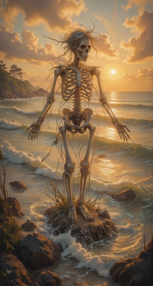 A skeletal figure emerges from a misty ocean shore, reminiscent of Sandro Botticelli's 'The Birth of Venus'. The bony framework is adorned with seaweed and shells, as the sun rises behind, casting a warm golden light. The skeleton's arms outstretched, palms upwards, as if embracing the dawn. Waves gently lap at their feet, creating a soothing melody.