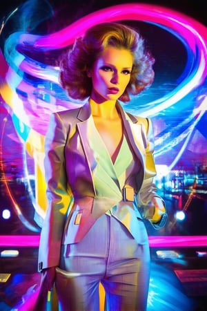 A neon-lit catwalk scene: a model, styled in bold 80s flair, strikes a confident pose against a backdrop of swirling patterns and flashing lights. Shoulder pads accentuate her power suit, while big hair and bold makeup complete the retro look. A cityscape at dusk serves as the dramatic setting.