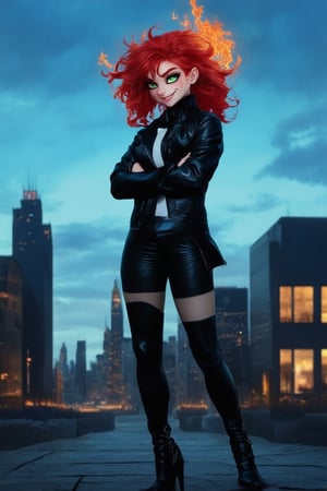 A demonic girl with fiery red hair and piercing green eyes, wearing a black leather jacket and high-heeled boots, stands confidently in front of a city skyline at sunset, her arms crossed and a sly smile spreading across her face as she surveys the urban landscape with a mischievous glint.