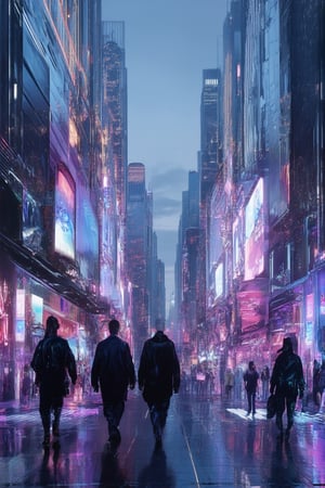 A futuristic cityscape at dusk, with a holographic display hovering above the bustling streets of Holo Dyss. Neon lights reflect off the sleek skyscrapers as a group of individuals in futuristic attire walk by, their faces illuminated by the glowing holo-advertisements. The atmosphere is electric with the hum of technology and urban energy.