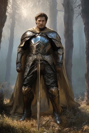 Vintage-inspired hero standing heroically in a misty forest clearing, dressed in ornate armor and cape, with a legendary sword held high. Soft golden lighting illuminates the scene from above, casting long shadows across ancient tree trunks. The framing is cinematic, with the hero centered against a subtle gradient of blue and purple hues.