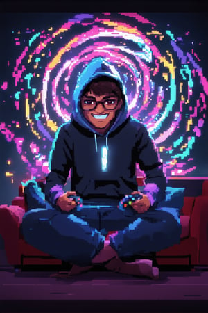 A whimsical illustration of a bespectacled gamer, surrounded by a swirling vortex of pixelated graphics and glowing game controllers. The character, clad in a sleek gaming hoodie and worn jeans, sits cross-legged on a plush couch, eyes fixed intently on the massive screen behind them. Flickering neon lights dance across their face, illuminating a mischievous grin as they conquer digital realms.