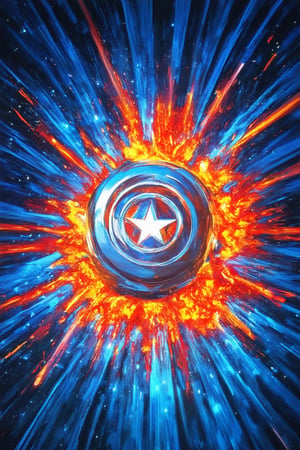 A vibrant, electric blue glow illuminates the iconic Marvel logo as it bursts forth in a radiant explosion of color and light. The bright, fiery hue casts an otherworldly sheen on the surrounding environment, imbuing the scene with an air of cosmic wonder.